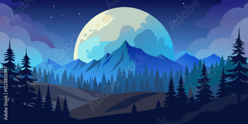 Majestic night landscape with moonlit mountains and forest