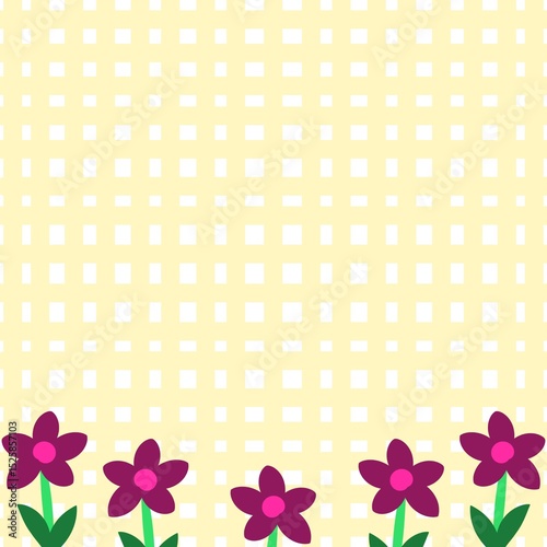 Charming purple gingham pattern with five flowers at the bottom. A cute floral background with dark pink flowers, green stems, and leaves, peefect for a summery, fresh look.