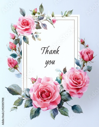 Elegant thank you card with delicate pink roses and green leaves surrounding a white rectangular frame on a light background