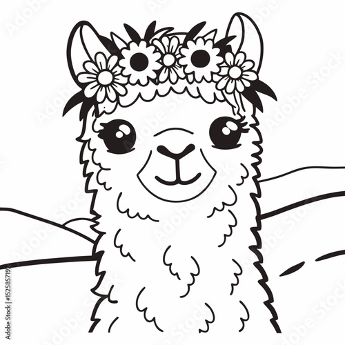 Adorable alpaca with flower crown, isolated illustration