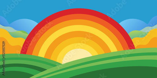 Vibrant rainbow sunset over rolling green hills