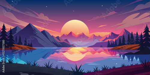 Vibrant sunset mountain lake landscape, clean cutout