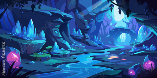 Enchanting crystal cave river landscape, fantasy game background