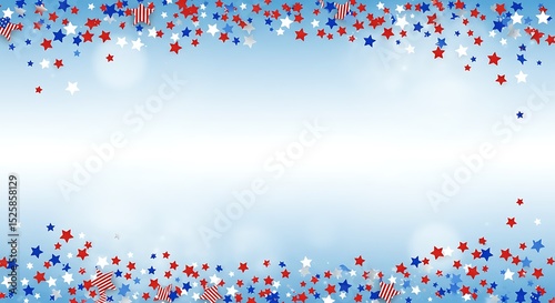 Celebrate the 4th of July with this patriotic USA Independence Day background, showcasing a horizontal border of colorful stars and confetti.