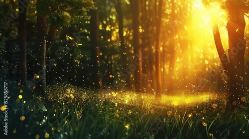 Fireflies Glowing in Forest Clearing at Dusk with Towering Trees and Lush Grass