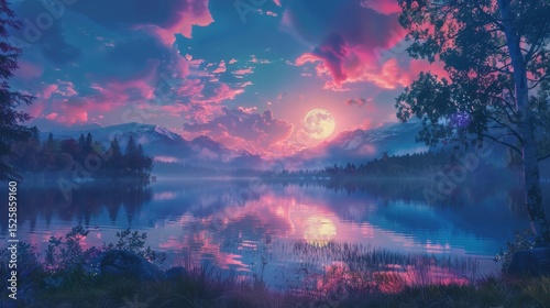 Serene Fantasy Lake Reflecting Pastel Moon and Misty Mountains at Dusk