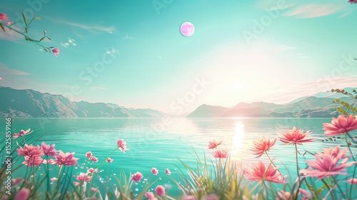 Serene Fantasy Lake Reflecting Pink Moon and Pastel Sky with Flowers and Mountains