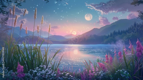 Serene Blue Green Lake Reflecting Pink Moon Twilight Sky with Misty Forest Mountains