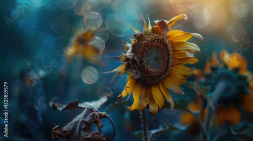 Withered Sunflower Drooping in Late Season Garden with Bokeh Teal Blue Background