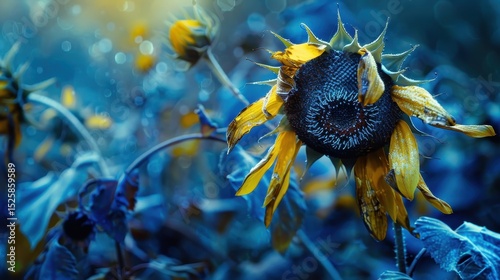Withered Sunflower Drooping in Aging Field under Cinematic Atmosphere