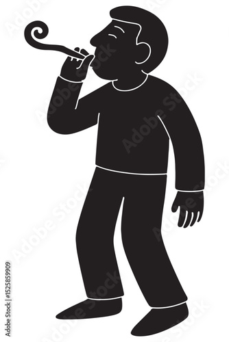 Silhouette of a man blowing a party horn with one hand to mouth