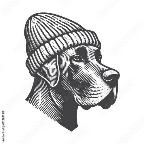 Vintage Hand-Drawn Great Dane Head Wearing a Beanie Illustration – Urban Dog Engraved Style Vector for T-Shirts, Posters, Stickers, and Streetwear Apparel