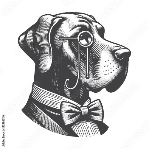 Vintage Hand-Drawn Great Dane Head with Monocle and Bow Tie Illustration – Elegant Dog Engraved Style Vector for T-Shirts, Posters, Stickers, and Formal Wear Apparel