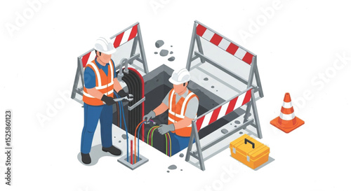 Underground Utilities Repair and Maintenance Worker Team Performing Telecommunications Cable Installation and Inspection on a Construction Site Project