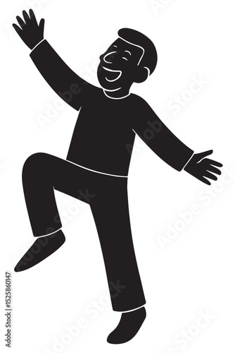 Silhouette of a man balancing on one leg in a playful, exaggerated cheer