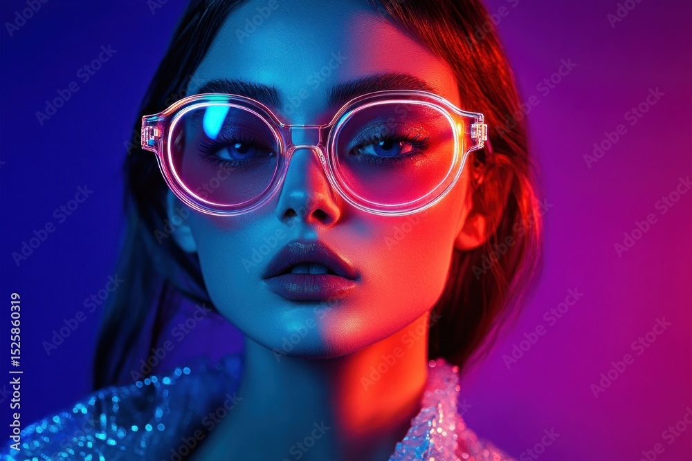 Fototapeta premium Close-up portrait of a young woman wearing large transparent glasses illuminated by contrasting blue and pink neon lights with a confident and calm expression