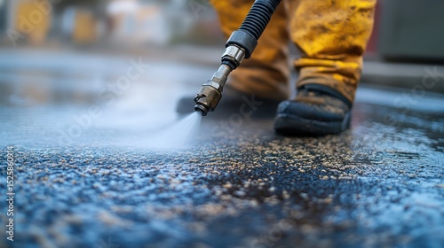 Powerful pressure washer cleaning dirty surfaces on a maintenance job outdoors