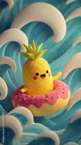 Cartoon pineapple floating on a donut swimming ring