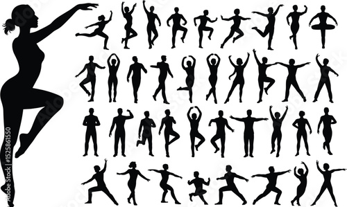 Dance silhouette collection, female dancer pose, human figure movement, ballet performance, artistic motion vector, expressive body shape illustration set