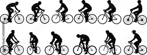 Cyclist silhouette collection, biking pose illustration, sports bike rider vector, cycling man icon, athlete movement design, bicycle posture set