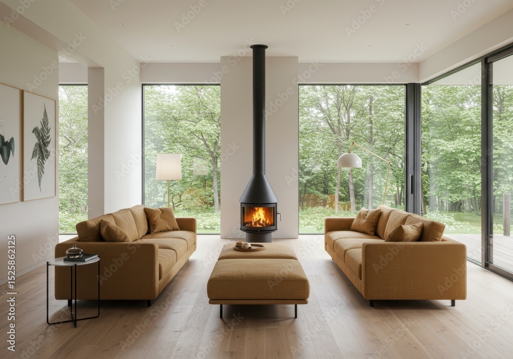 Fototapeta premium Living room with fireplace and sofas overlooking a green landscape