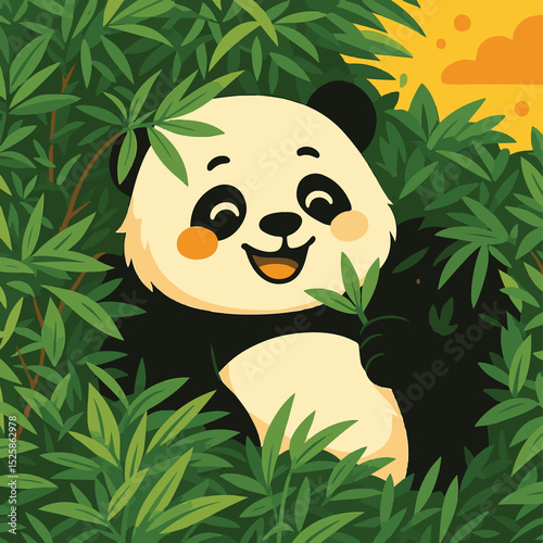 Cartoon panda surrounded by lush green bamboo leaves