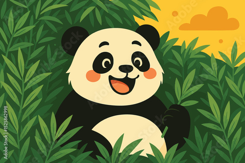 A cartoon panda sits contentedly among lush green bamboo leaves
