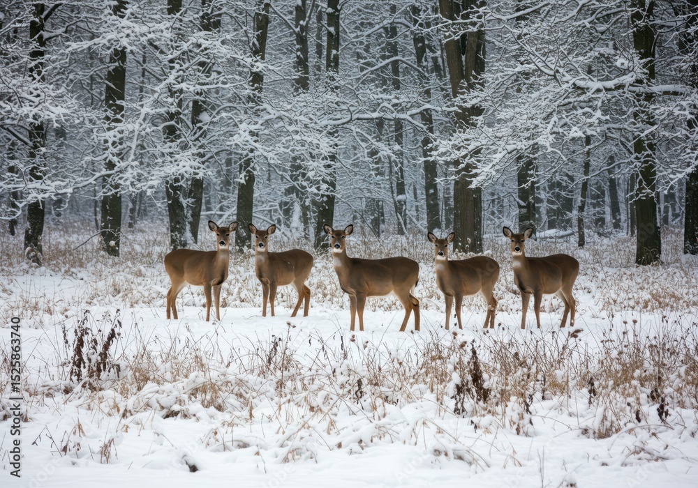Fototapeta premium Five deer standing in a snowy forest during the winter season