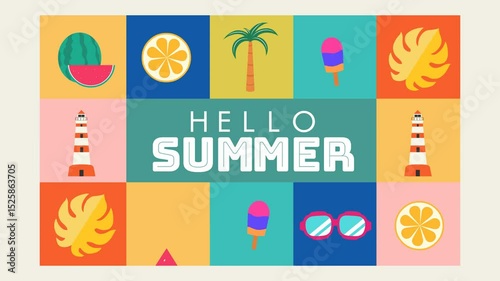 A colorful 4K animated video celebrating summer with tropical icons like fruit, ice cream, palm trees, and lighthouses. Bold 