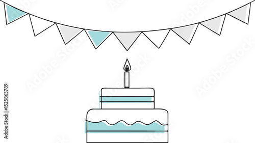 Two tiered cake with a candle and a string of pennant flags in white and teal hanging above it all