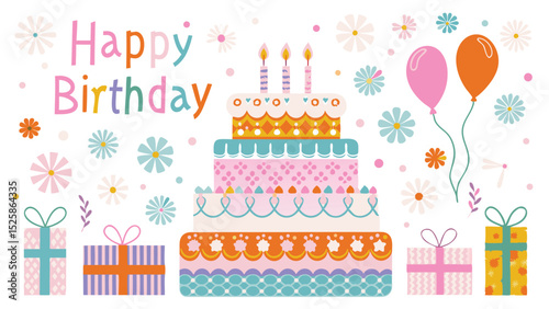 Illustration of a colorful tiered birthday cake with candles, balloons, gifts, and floral decorations around