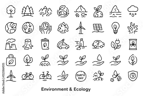 Environment & Ecology Icons Set: Earth Day, Trees, Mountains, Eco-Friendly, Recycling, Wind Turbine, Solar Panel, Lightbulb, Coral, Rain, Globe, Hands, Plant Growth, Electric Car, Bicycle, Water Drop,