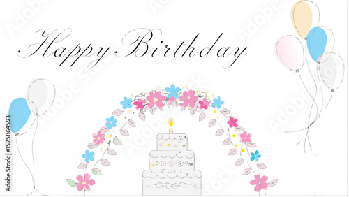 Happy birthday greeting card with a three tiered cake and balloons with floral arch decoration design