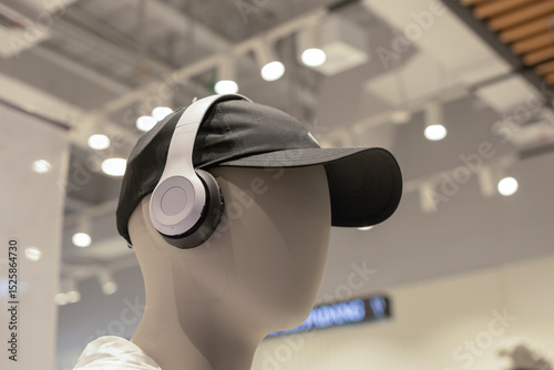 Close-up of a mannequin wearing black cap and white headphones in a modern retail fashion store with bright lighting.