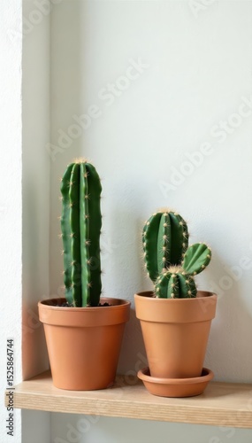 Side view of cacti on wooden shelf against white wall Ample copy space , spines, botany
