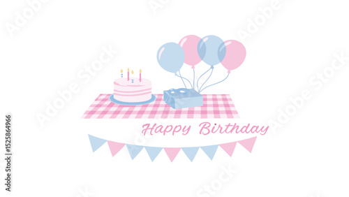 A birthday cake with candles and a gift on a pink and white checkered tablecloth with balloons and flags is shown