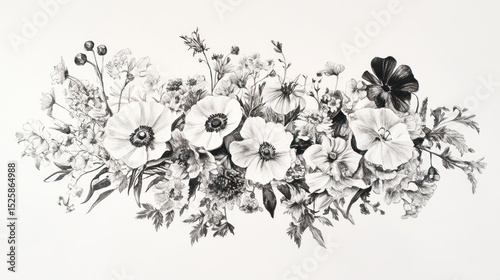 Monochromatic Floral Composition: A Delicate Pencil Sketch of Various Flowers