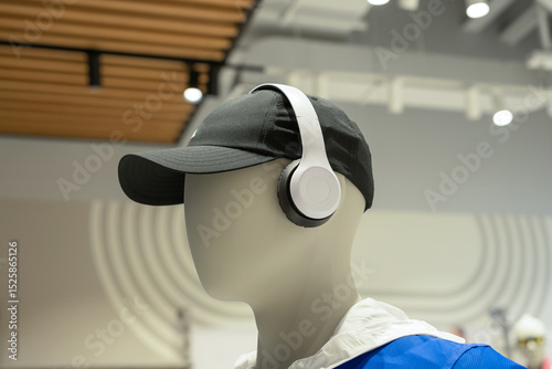 Side view of a mannequin wearing black cap and white headphones inside a modern fashion retail store.