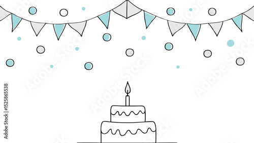 Illustration of a two tiered cake with a candle under a garland and floating circles design element