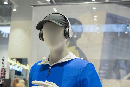 Mannequin wearing black cap and headphones with a blue jacket, displayed in a modern retail store with soft lighting and a blurred commercial background.