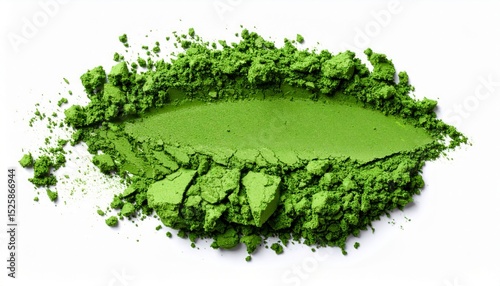 A vibrant green eyeshadow powder, smudged and scattered on a white background.
