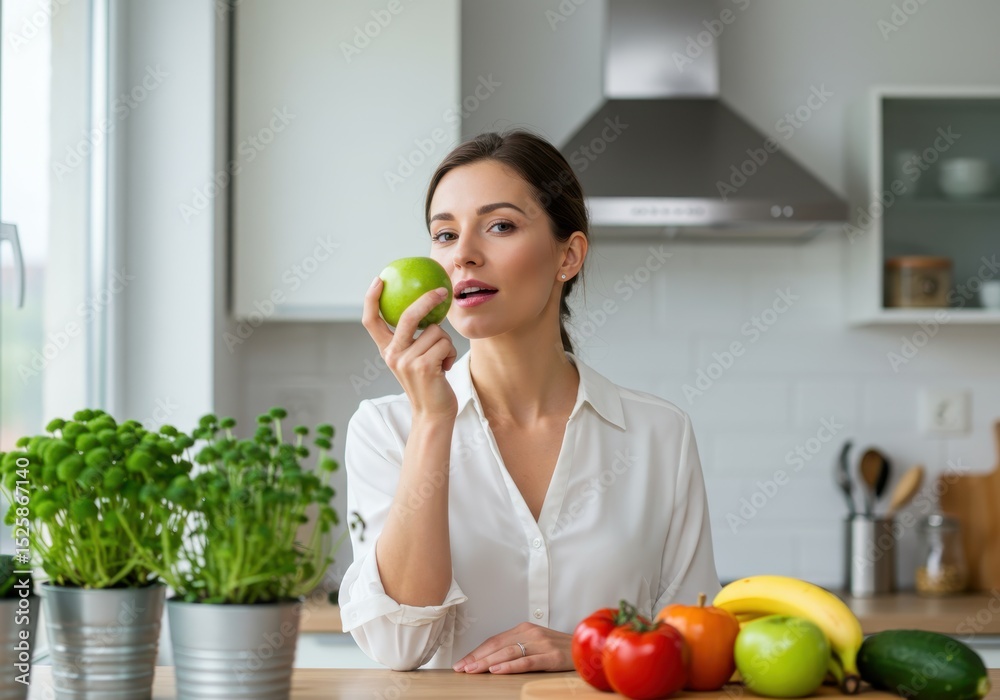 Woman holding a green apple in a bright modern kitchen setting Woman holding a green apple in a bright modern kitchen setting