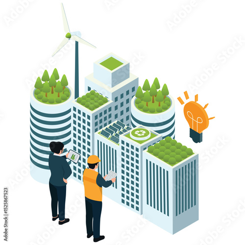 Sustainable Business Illustation. Vector illustration of Technicians monitoring eco-friendly buildings and wind turbines in a green city. Isolated on background