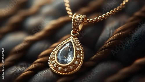 Elegant gold necklace with teardrop pendant on textured background