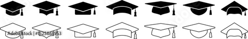 Set of graduation hat cap icon. Graduation student black cap and diploma. Mortarboards academic cap isolated on transparent background