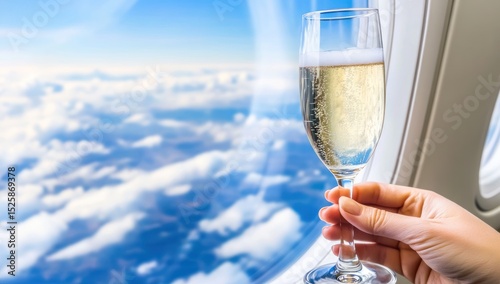 Airplane Champagne Toast Cloudscape view, in-flight luxury