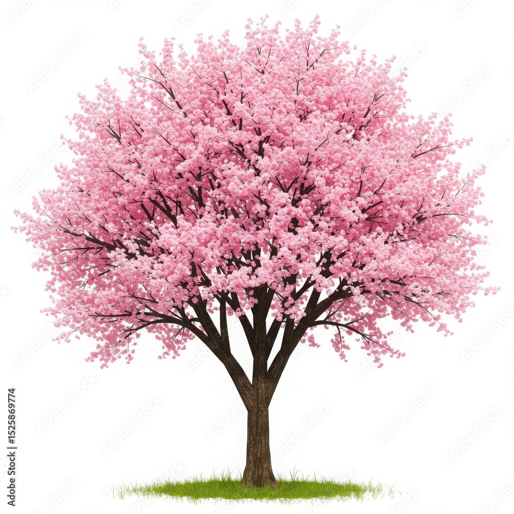 Obraz premium Isolated cherry blossom tree with pink flowers and green grass on white background