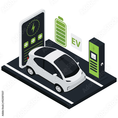 Isometric Electric Car. Vector illustration of An electric car powers up at a modern EV charging station with battery status display. Isolated on background