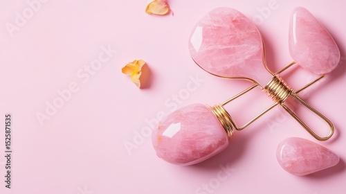 Pink rose quartz facial roller set on pink background, petals, spa treatment photo