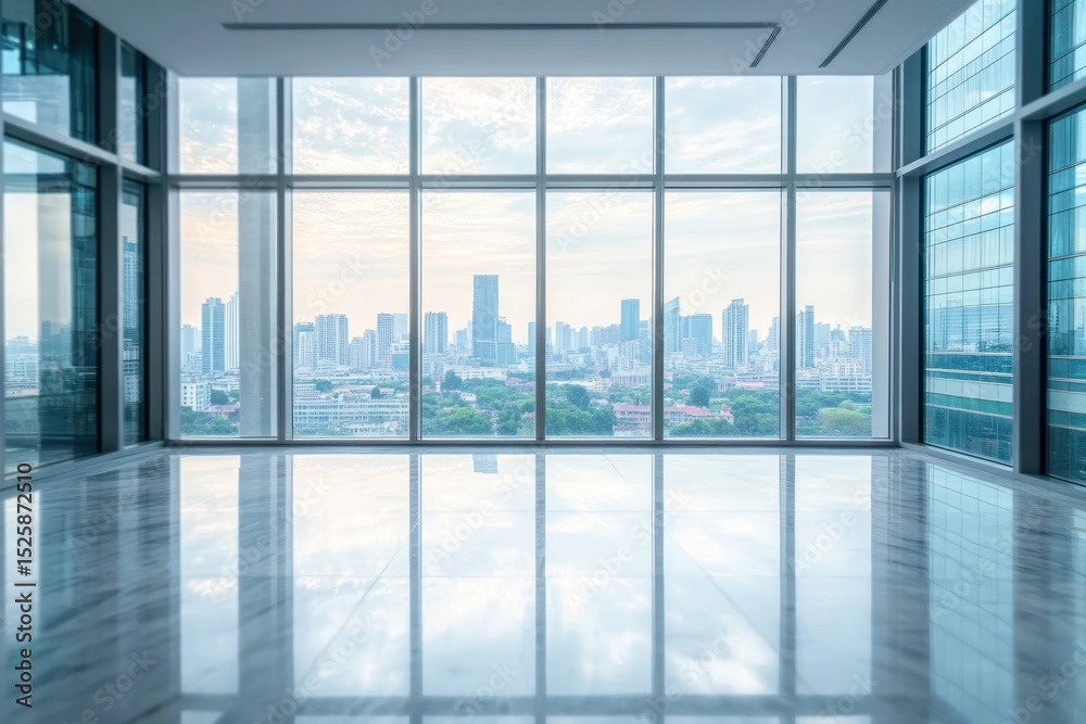 Fototapeta premium Empty modern office space with large floor-to-ceiling windows offering a panoramic view of a city skyline on a cloudy day